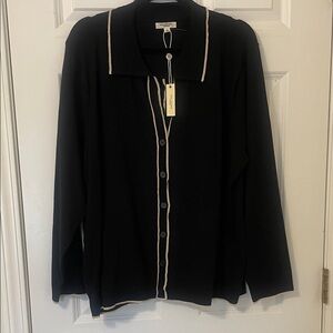 Max Studio Black Button-Up Top with Cream Trim